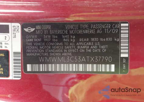 2010 Mini Cooper Clubman z USA, uszkodzony, nr VIN WMWML3C53ATX37790
